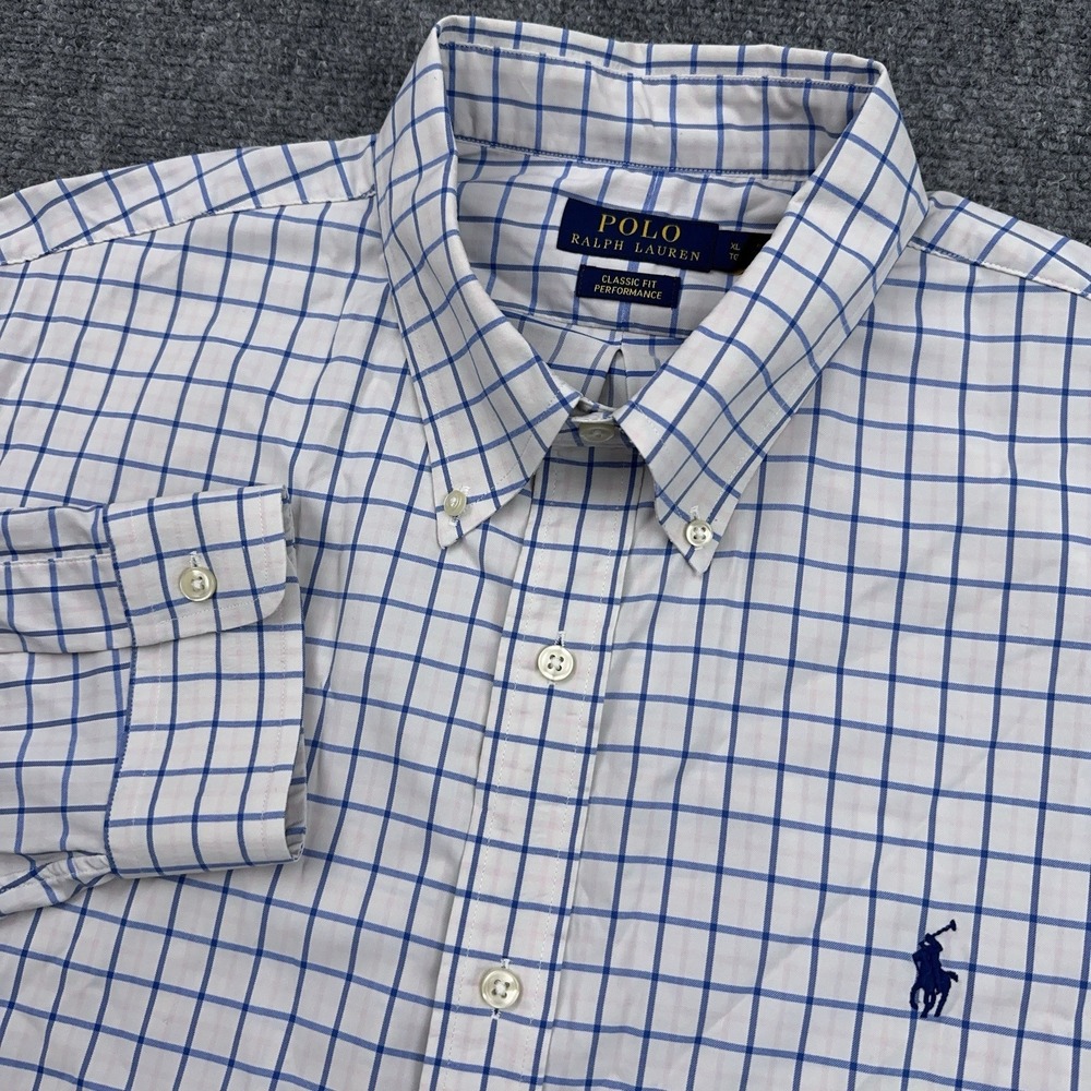 Polo Ralph Lauren Performance Button Down Shirt XL Classic Fit Plaid Blue Pink